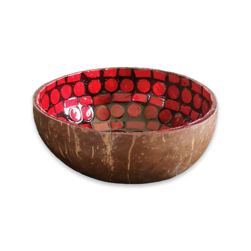 Handmade Mosaic Coconut Bowl - Red and Black