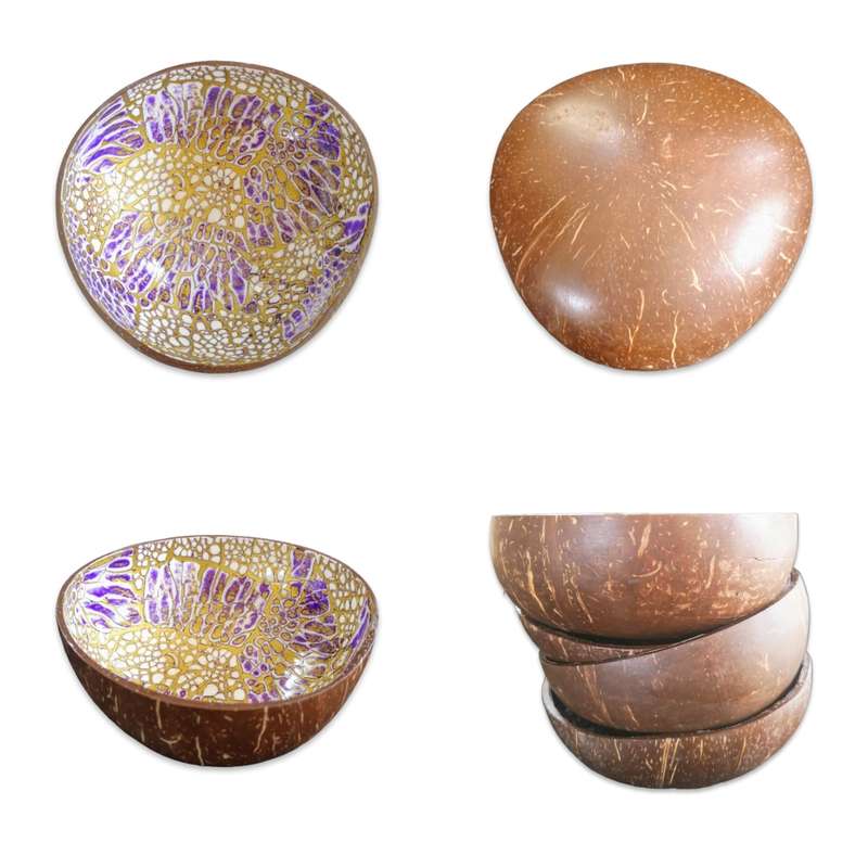 Handmade Mosaic Painted Coconut Bowl - Purple , Gold and White