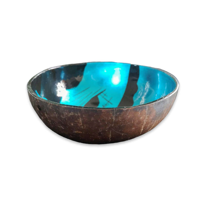 Handmade Painted Coconut Bowl - Blue and Black with Sunset and Palm Trees