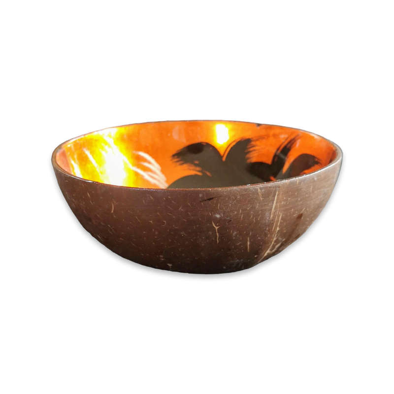 Handmade Painted Coconut Bowl - Orange and Black with Sunset and Palm Trees