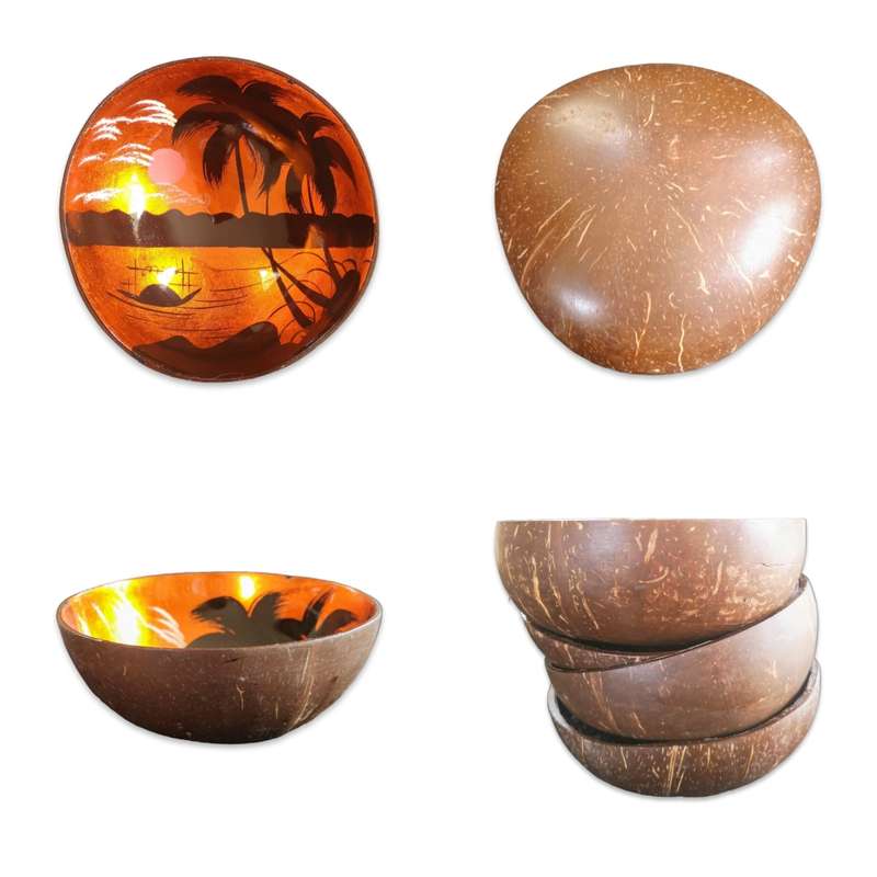 Handmade Painted Coconut Bowl - Orange and Black with Sunset and Palm Trees