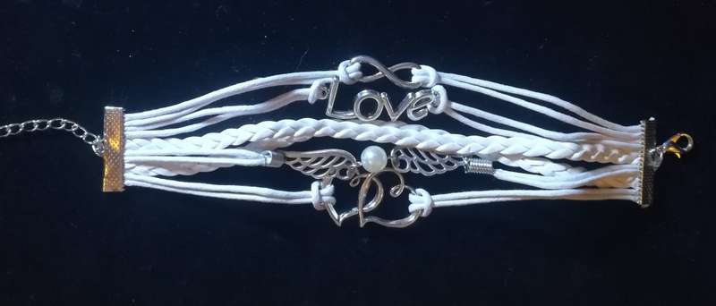 Love , Infinity , Angel Wings , Heart Vegan Leather & Wax String Multilayer Charm Bracelet - White