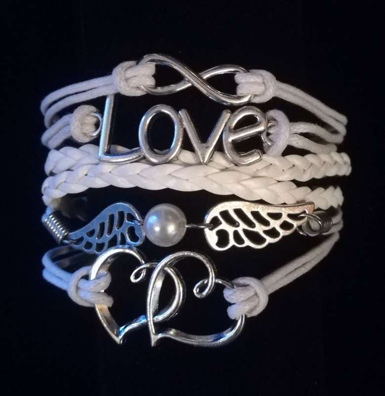 Love , Infinity , Angel Wings , Heart Vegan Leather & Wax String Multilayer Charm Bracelet - White