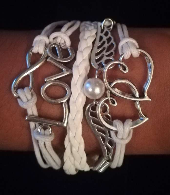 Love , Infinity , Angel Wings , Heart Vegan Leather & Wax String Multilayer Charm Bracelet - White