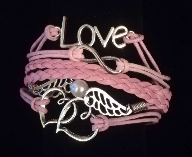 Love , Infinity , Angel Wings , Heart Vegan Leather & Wax String Multilayer Charm Bracelet - Pink