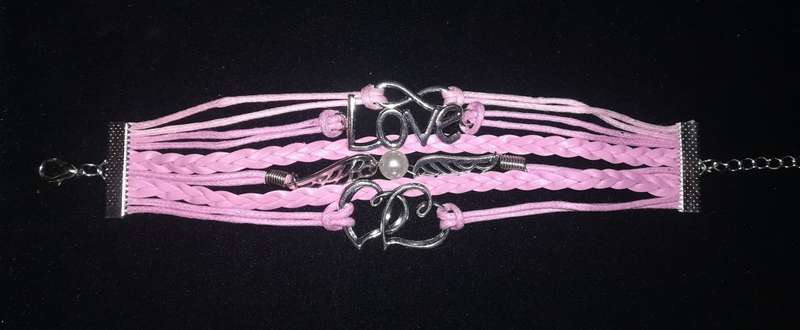 Love , Infinity , Angel Wings , Heart Vegan Leather & Wax String Multilayer Charm Bracelet - Pink