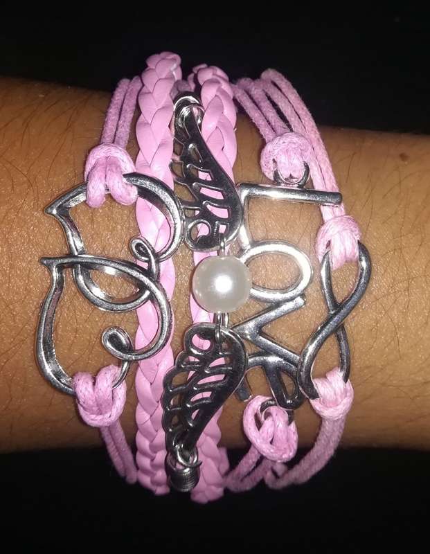Love , Infinity , Angel Wings , Heart Vegan Leather & Wax String Multilayer Charm Bracelet - Pink