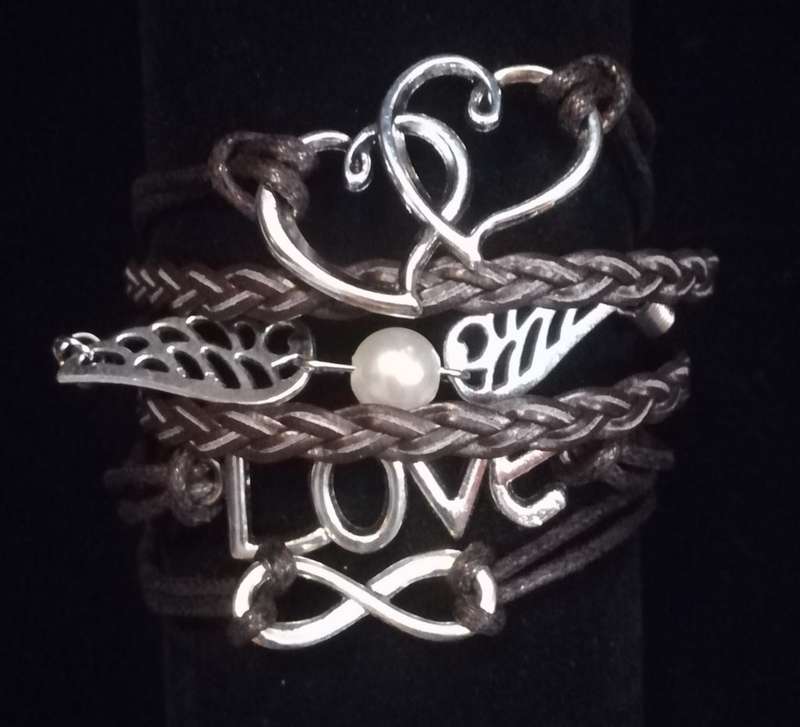 Love , Infinity , Angel Wings , Heart Vegan Leather & Wax String Multilayer Charm Bracelet - Brown