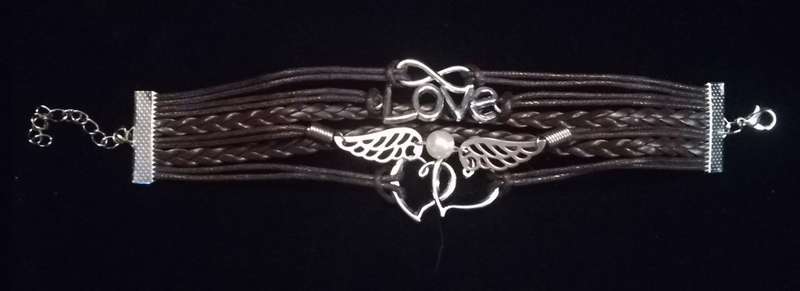 Love , Infinity , Angel Wings , Heart Vegan Leather & Wax String Multilayer Charm Bracelet - Brown