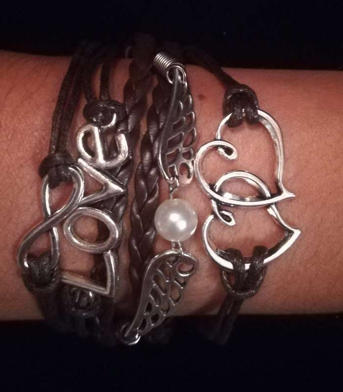 Love , Infinity , Angel Wings , Heart Vegan Leather & Wax String Multilayer Charm Bracelet - Brown