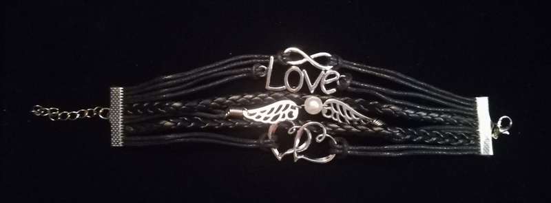 Love , Infinity , Angel Wings , Heart Vegan Leather & Wax String Multilayer Charm Bracelet - Black