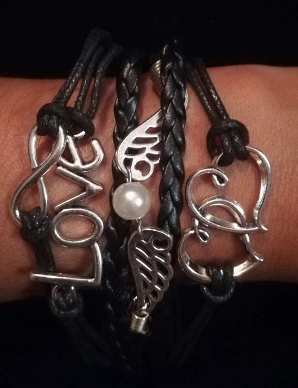 Love , Infinity , Angel Wings , Heart Vegan Leather & Wax String Multilayer Charm Bracelet - Black