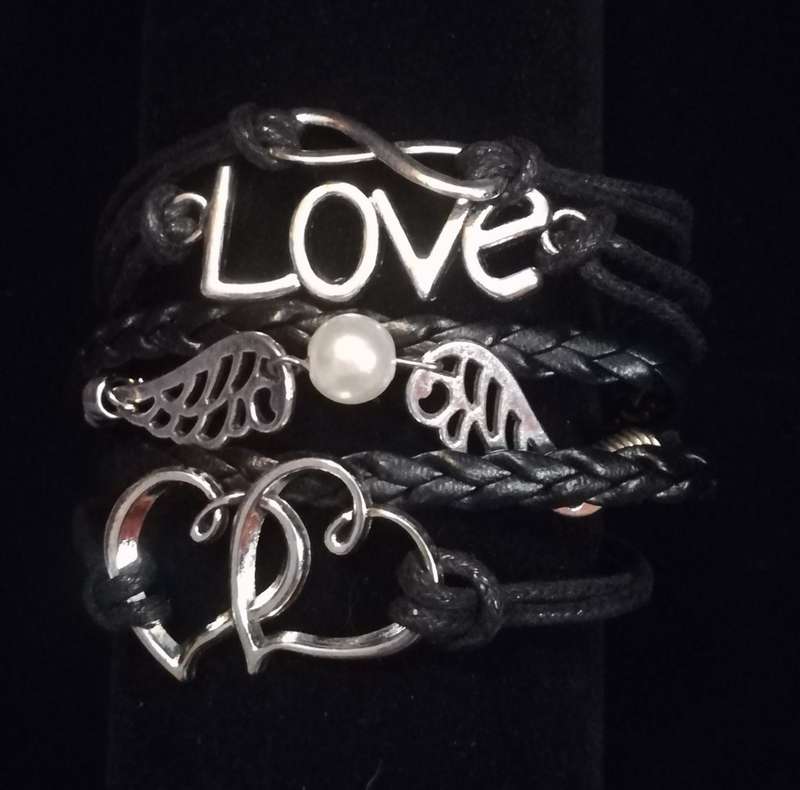 Love , Infinity , Angel Wings , Heart Vegan Leather & Wax String Multilayer Charm Bracelet - Black