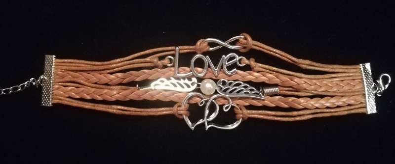Love , Infinity , Angel Wings , Heart Vegan Leather & Wax String Multilayer Charm Bracelet - Tan