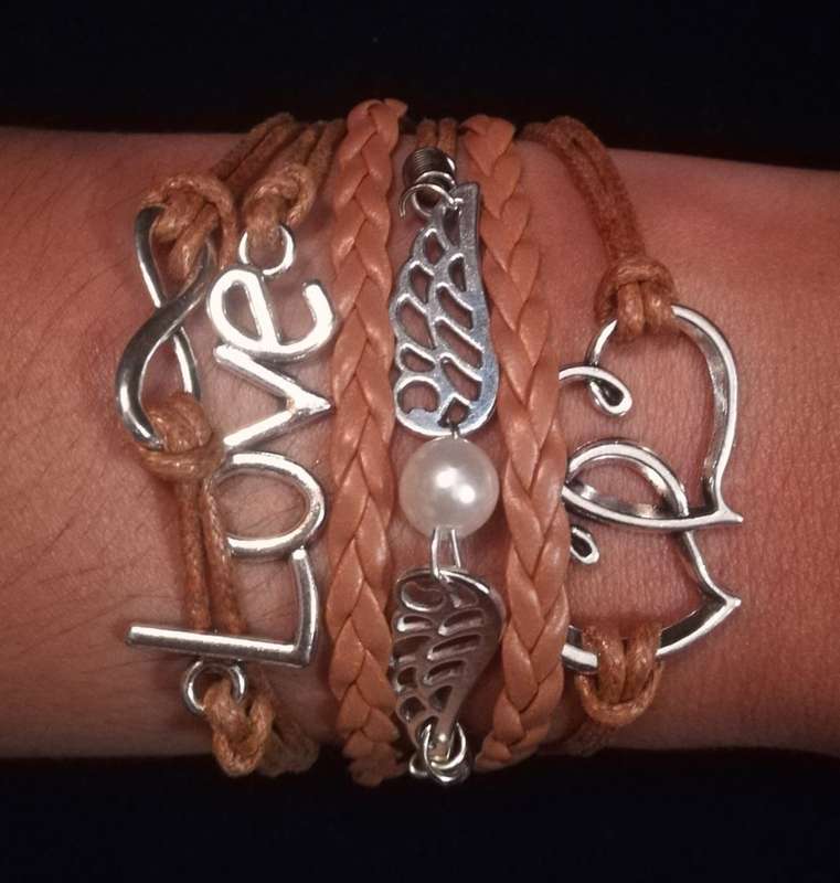 Love , Infinity , Angel Wings , Heart Vegan Leather & Wax String Multilayer Charm Bracelet - Tan
