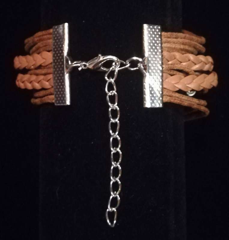 Love , Infinity , Angel Wings , Heart Vegan Leather & Wax String Multilayer Charm Bracelet - Tan