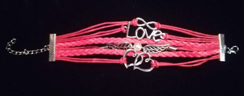 Love , Infinity , Angel Wings , Heart Vegan Leather & Wax String Multilayer Charm Bracelet - Red