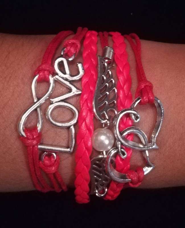 Love , Infinity , Angel Wings , Heart Vegan Leather & Wax String Multilayer Charm Bracelet - Red