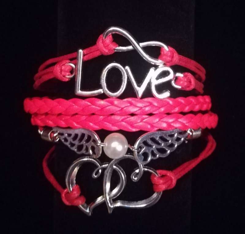 Love , Infinity , Angel Wings , Heart Vegan Leather & Wax String Multilayer Charm Bracelet - Red