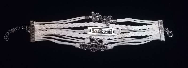 Peace , Infinity , Believe, Butterfly Vegan Leather & Wax String Multilayer Charm Bracelet - White