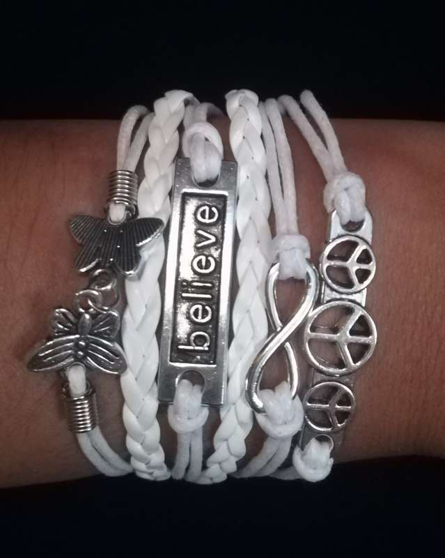 Peace , Infinity , Believe, Butterfly Vegan Leather & Wax String Multilayer Charm Bracelet - White