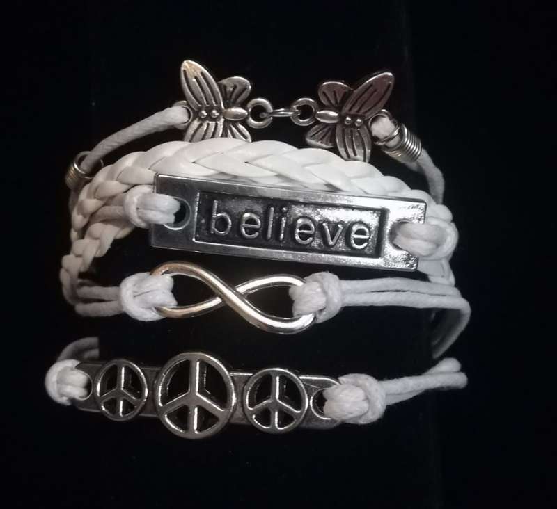Peace , Infinity , Believe, Butterfly Vegan Leather & Wax String Multilayer Charm Bracelet - White
