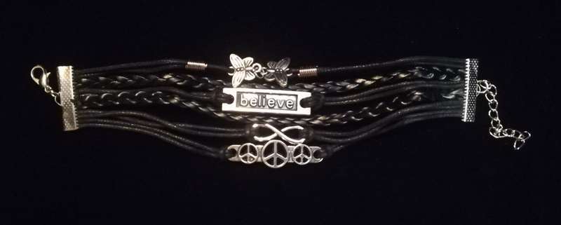 Peace , Infinity , Believe, Butterfly Vegan Leather & Wax String Multilayer Charm Bracelet - Black