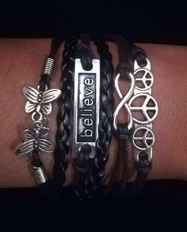 Peace , Infinity , Believe, Butterfly Vegan Leather & Wax String Multilayer Charm Bracelet - Black