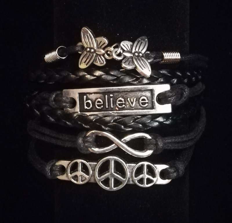 Peace , Infinity , Believe, Butterfly Vegan Leather & Wax String Multilayer Charm Bracelet - Black