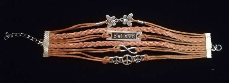 Peace , Infinity , Believe, Butterfly Vegan Leather & Wax String Multilayer Charm Bracelet - Tan