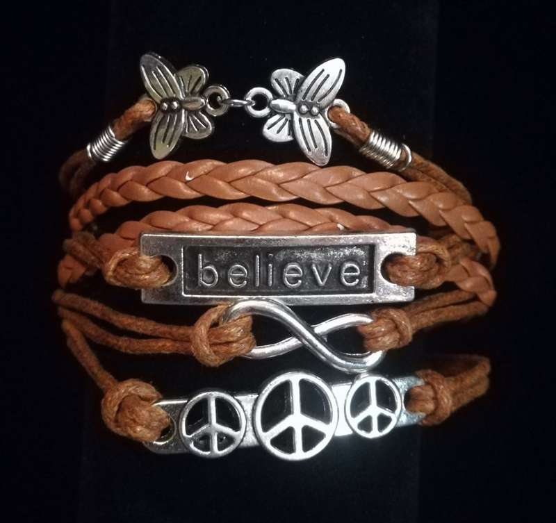 Peace , Infinity , Believe, Butterfly Vegan Leather & Wax String Multilayer Charm Bracelet - Tan