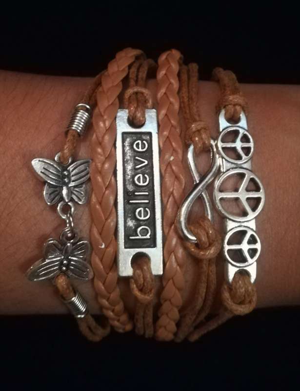 Peace , Infinity , Believe, Butterfly Vegan Leather & Wax String Multilayer Charm Bracelet - Tan