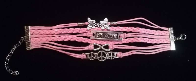 Peace , Infinity , Believe, Butterfly Vegan Leather & Wax String Multilayer Charm Bracelet - Pink