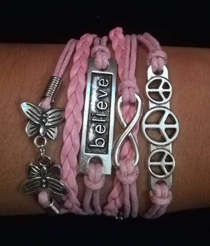Peace , Infinity , Believe, Butterfly Vegan Leather & Wax String Multilayer Charm Bracelet - Pink
