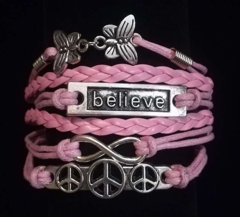 Peace , Infinity , Believe, Butterfly Vegan Leather & Wax String Multilayer Charm Bracelet - Pink