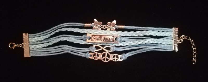 Peace , Infinity , Believe, Butterfly Vegan Leather & Wax String Multilayer Charm Bracelet - Blue