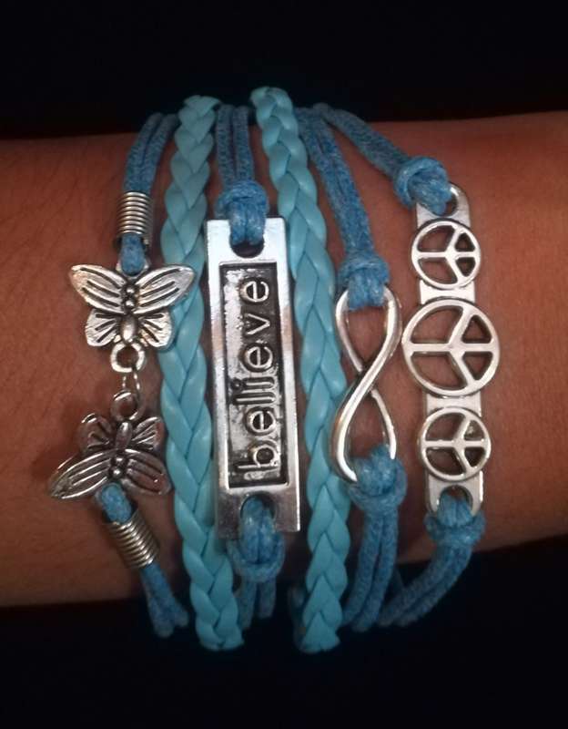 Peace , Infinity , Believe, Butterfly Vegan Leather & Wax String Multilayer Charm Bracelet - Blue