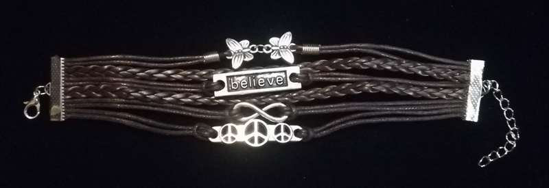 Peace , Infinity , Believe, Butterfly Vegan Leather & Wax String Multilayer Charm Bracelet - Brown