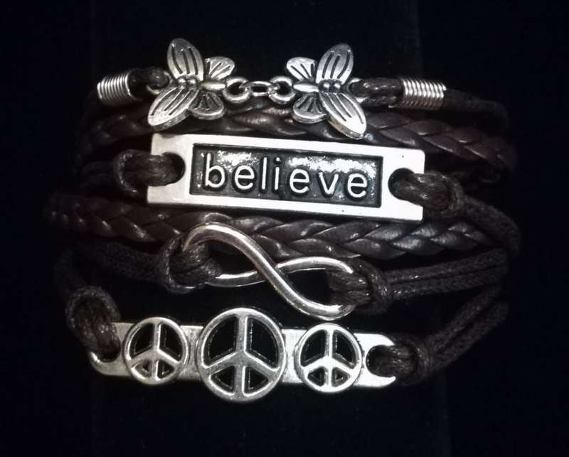 Peace , Infinity , Believe, Butterfly Vegan Leather & Wax String Multilayer Charm Bracelet - Brown