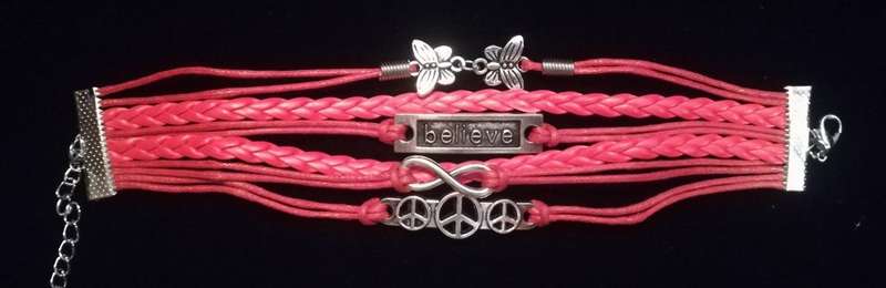 Peace , Infinity , Believe, Butterfly Vegan Leather & Wax String Multilayer Charm Bracelet - Red