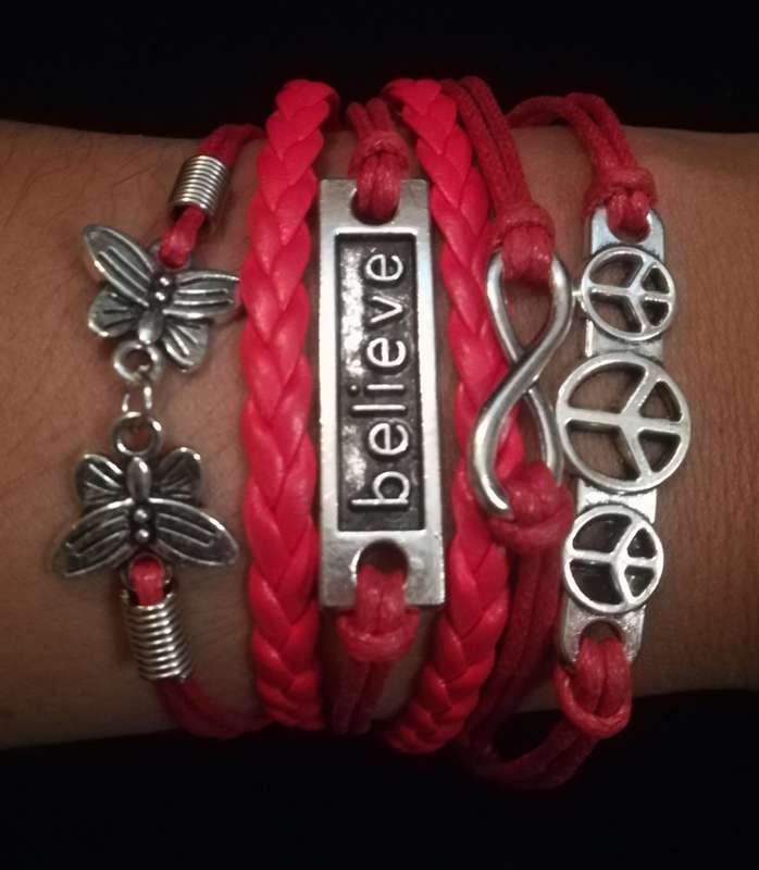 Peace , Infinity , Believe, Butterfly Vegan Leather & Wax String Multilayer Charm Bracelet - Red