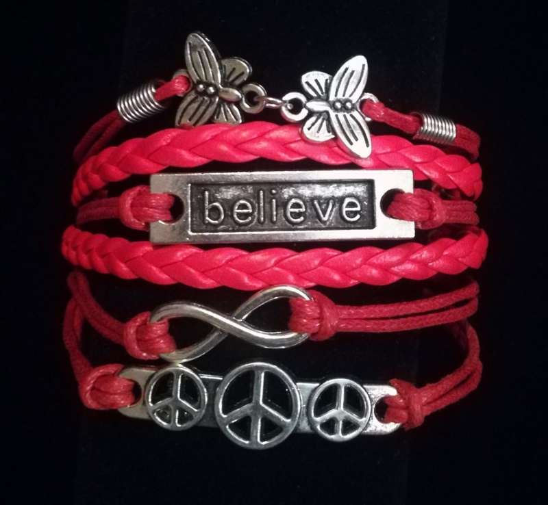 Peace , Infinity , Believe, Butterfly Vegan Leather & Wax String Multilayer Charm Bracelet - Red