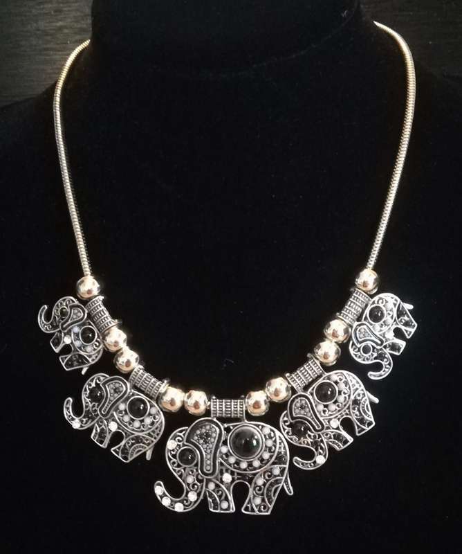 Boho Vintage Style Silver Necklace with Elephant Design - Black and Grey