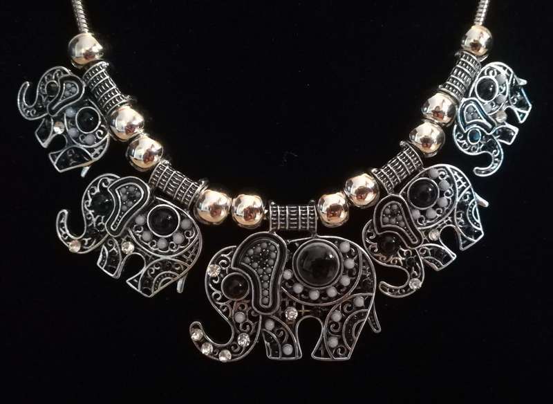 Boho Vintage Style Silver Necklace with Elephant Design - Black and Grey