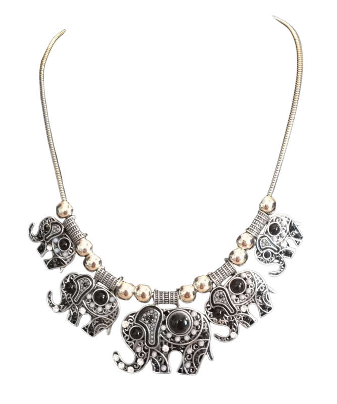 Boho Vintage Style Silver Necklace with Elephant Design - Black and Grey
