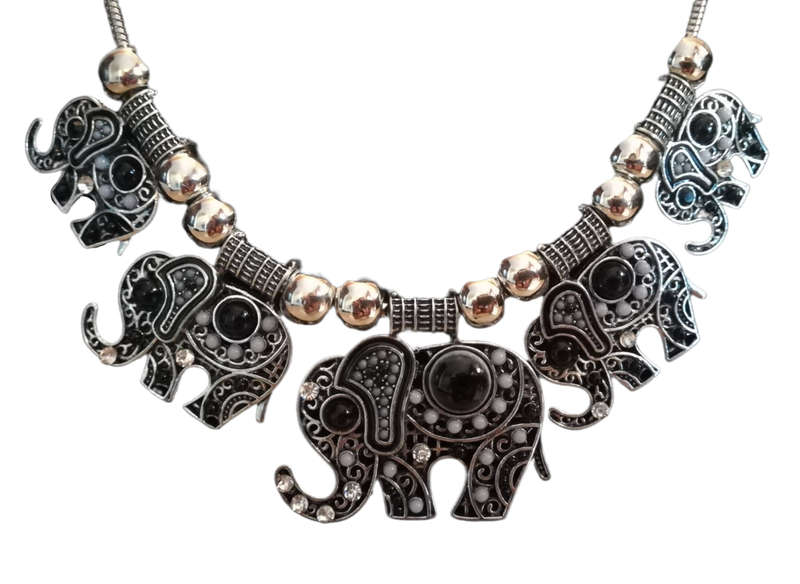 Boho Vintage Style Silver Necklace with Elephant Design - Black and Grey