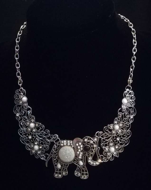 Boho Vintage Choker Style Silver Necklace with Elephant Design - White & Cream