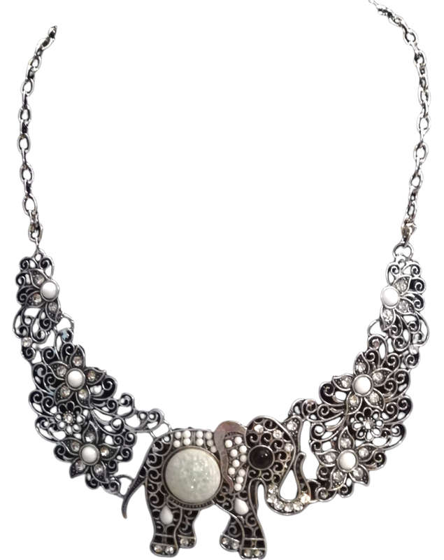 Boho Vintage Choker Style Silver Necklace with Elephant Design - White & Cream
