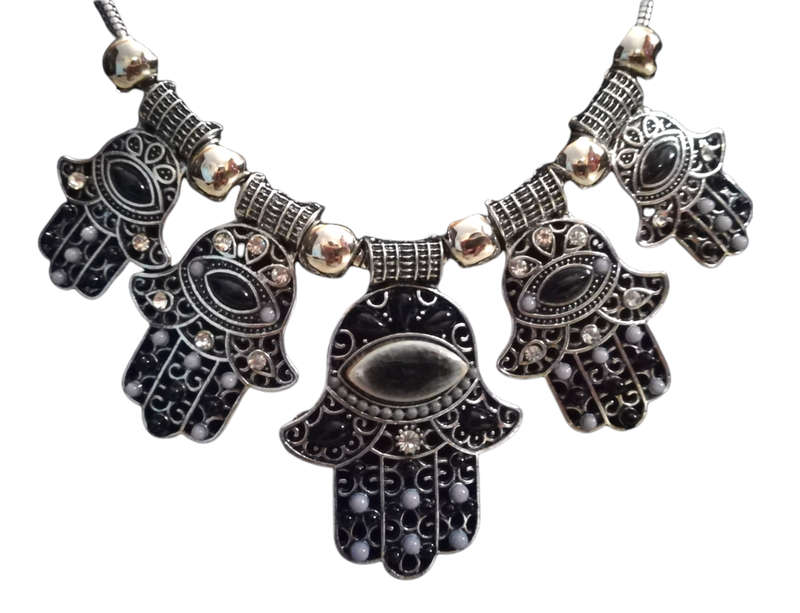 Boho Vintage Style Silver Necklace with Hamsa Design - Black and Grey