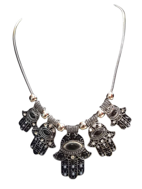 Boho Vintage Style Silver Necklace with Hamsa Design - Black and Grey